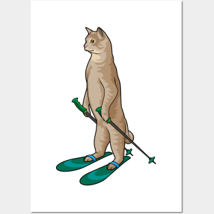 Cat as Skier with Ski & Ski poles Posters and Art